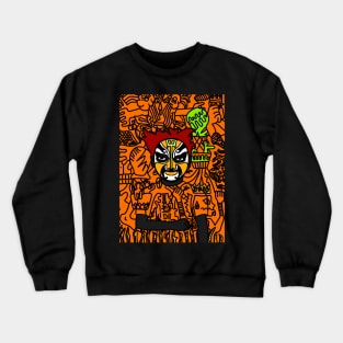 Hatshepsut - Male Character with Chinese Mask and Dark Eyes in a Doodle Background Crewneck Sweatshirt